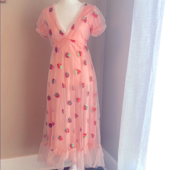 NWOT Sequin Strawberry Romantic Dress S - Picture 2 of 8